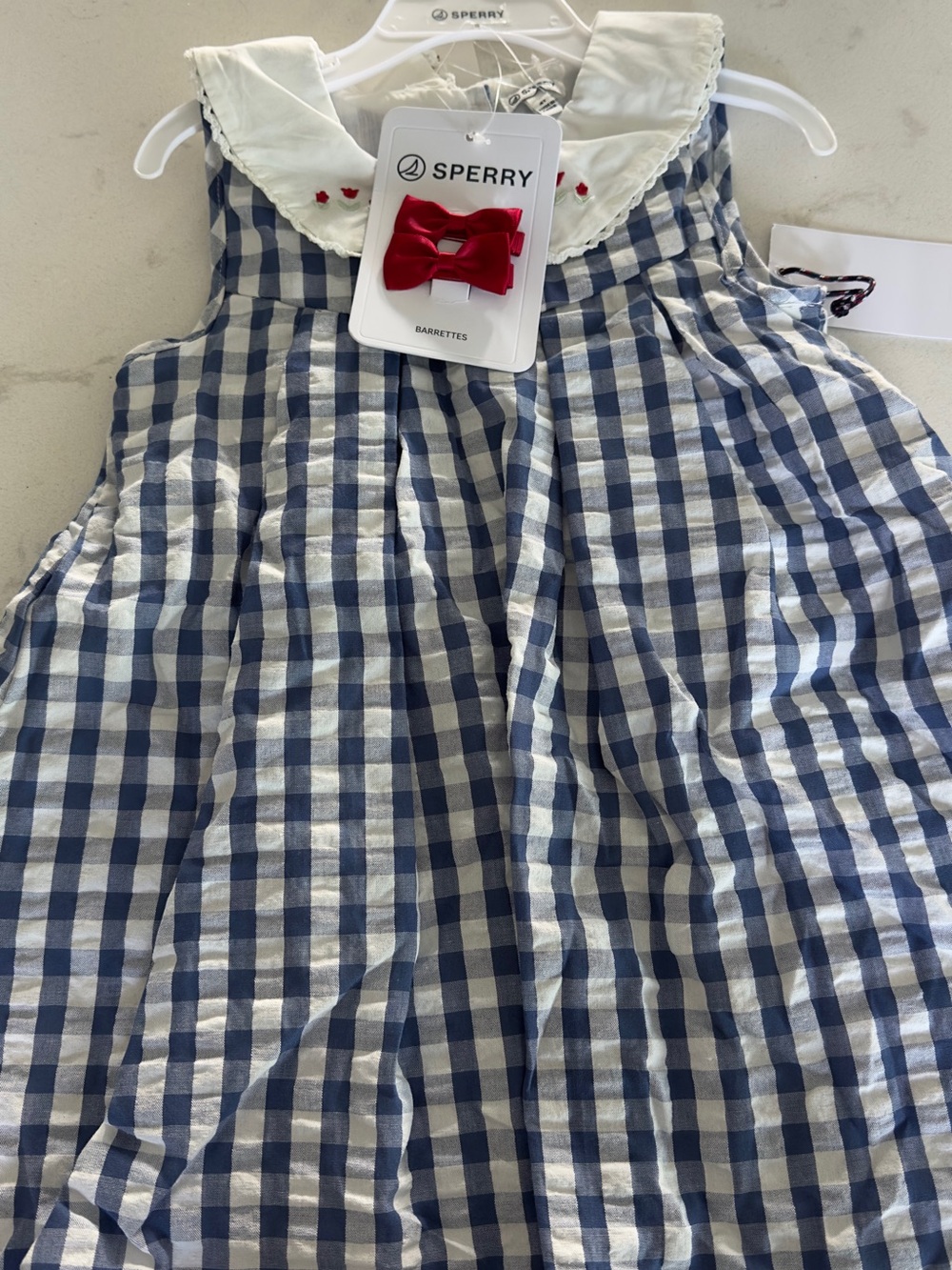 Sperry Dress and Red Bow Barrette with Blue and White Gingham Accent